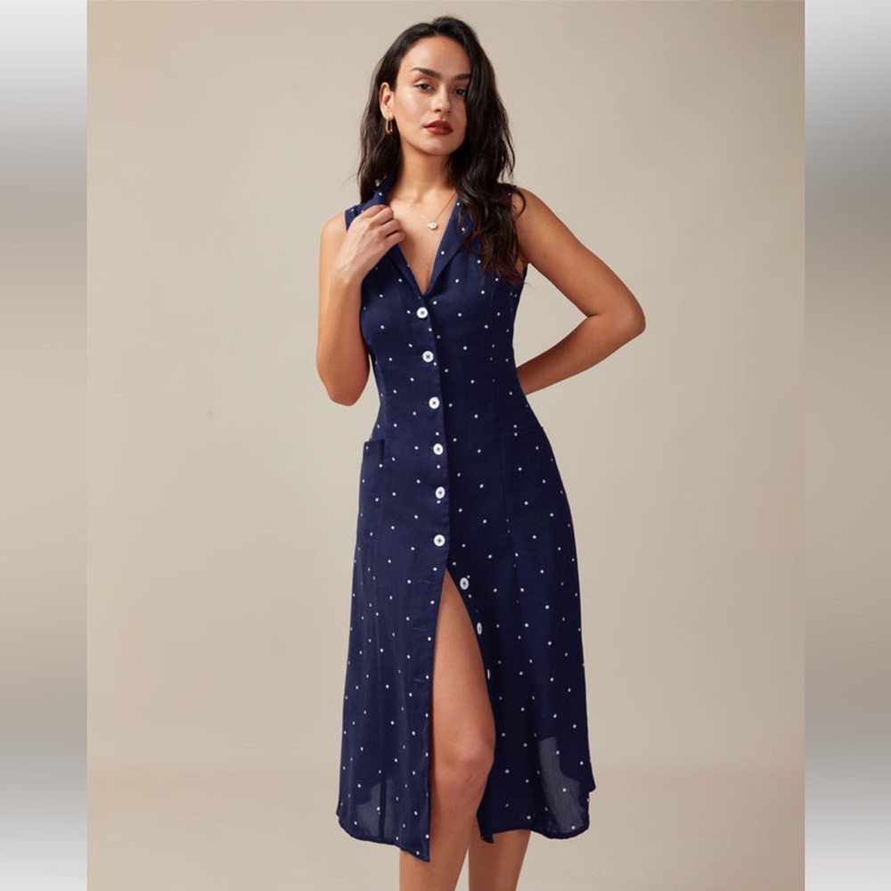 Rihoas Navy Polka Dot Midi Dress – V-Neck Tie Back, Size S